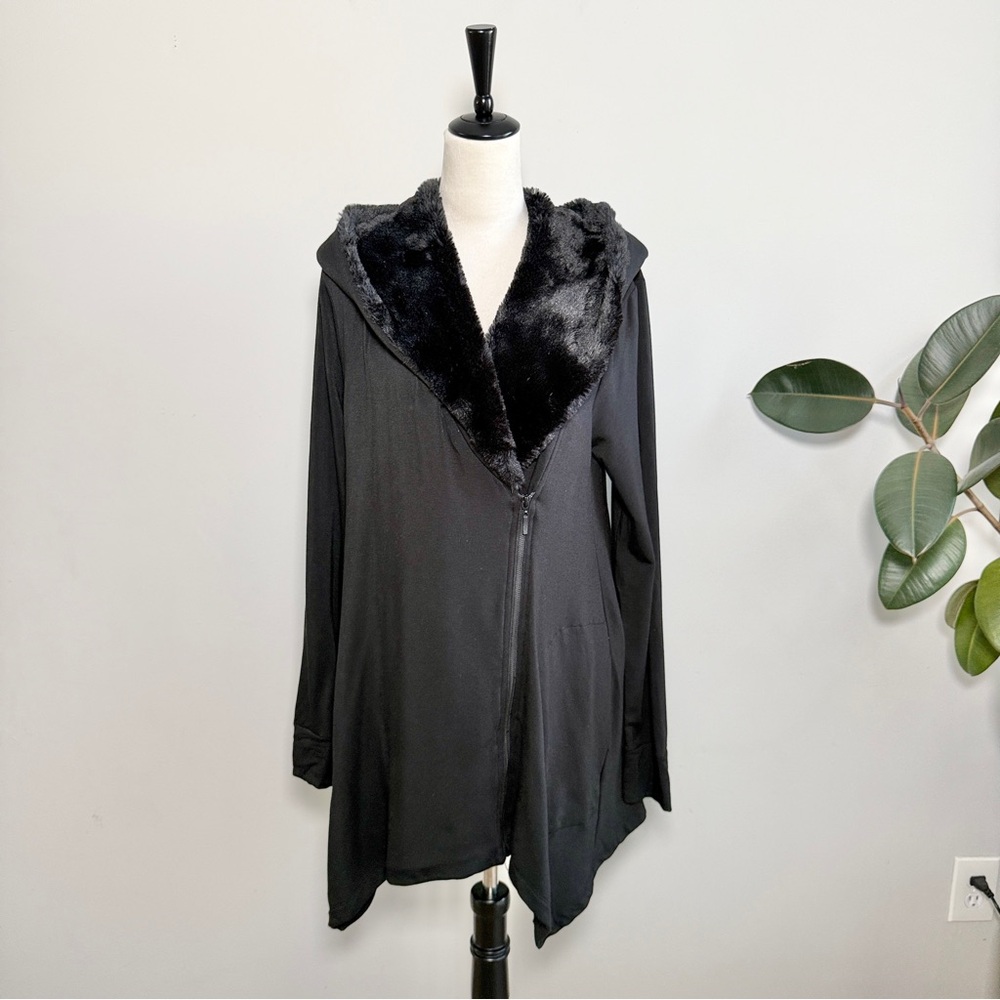 Neiman Marcus Faux Fur Hood Asymmetrical Zip Up Jersey Jacket Coat